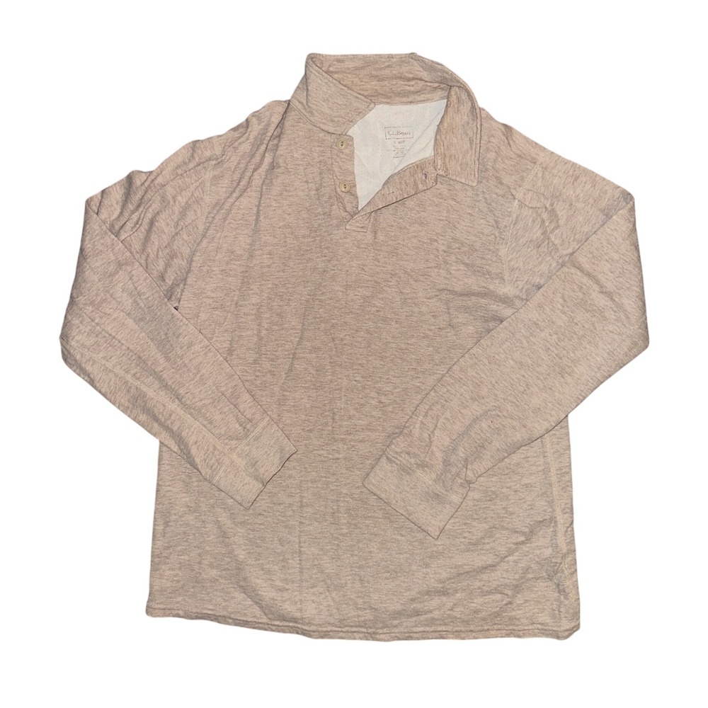 LL Bean Mens Large Long Sleeve Henley Shirt Oatmeal Heather Waffle Knit Pullover